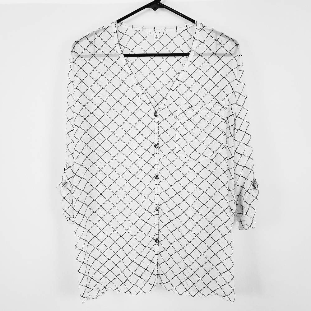CAbi Sheer Black White Button Blouse Roll Sleeve